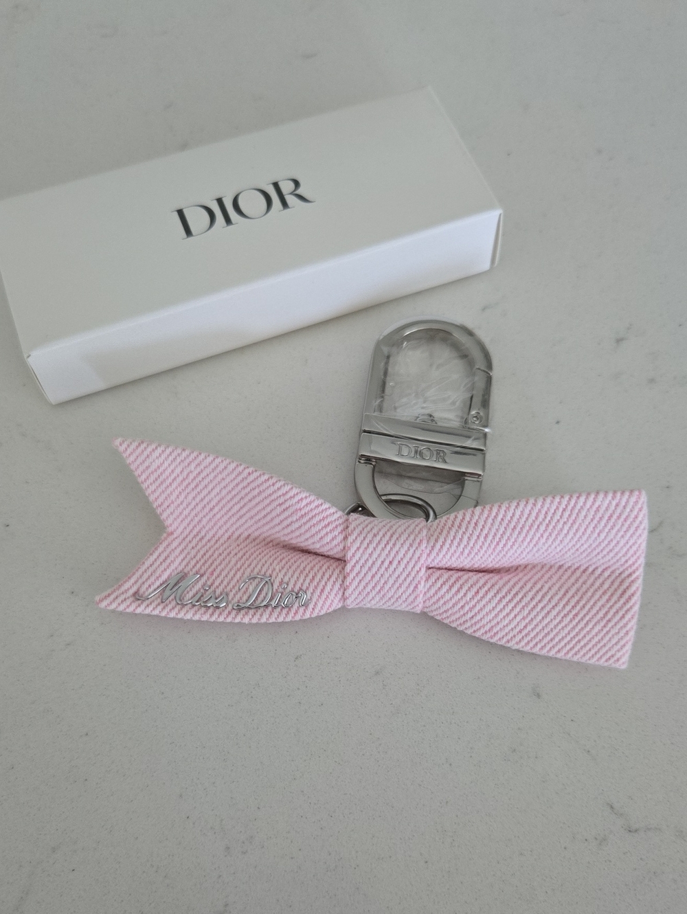 New In Box Dior Bow KeyRing Holder Pink Fabric w/ Silver Hardware MISS DIOR Bow